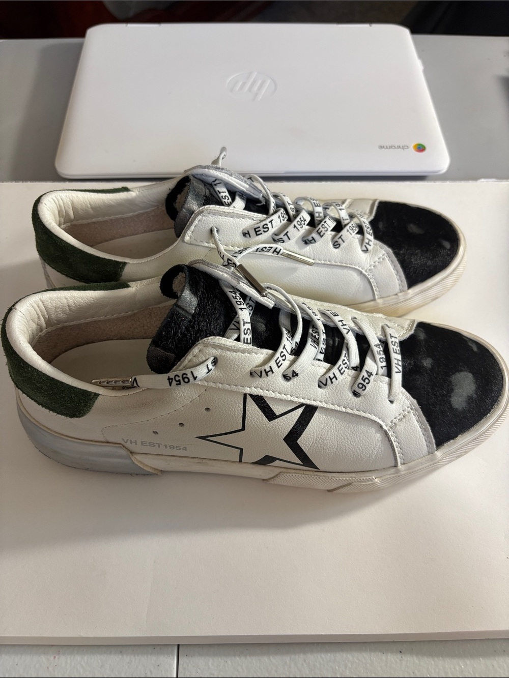 Vintage Havana White Sneakers with Black Toe and Green Heel Suede
